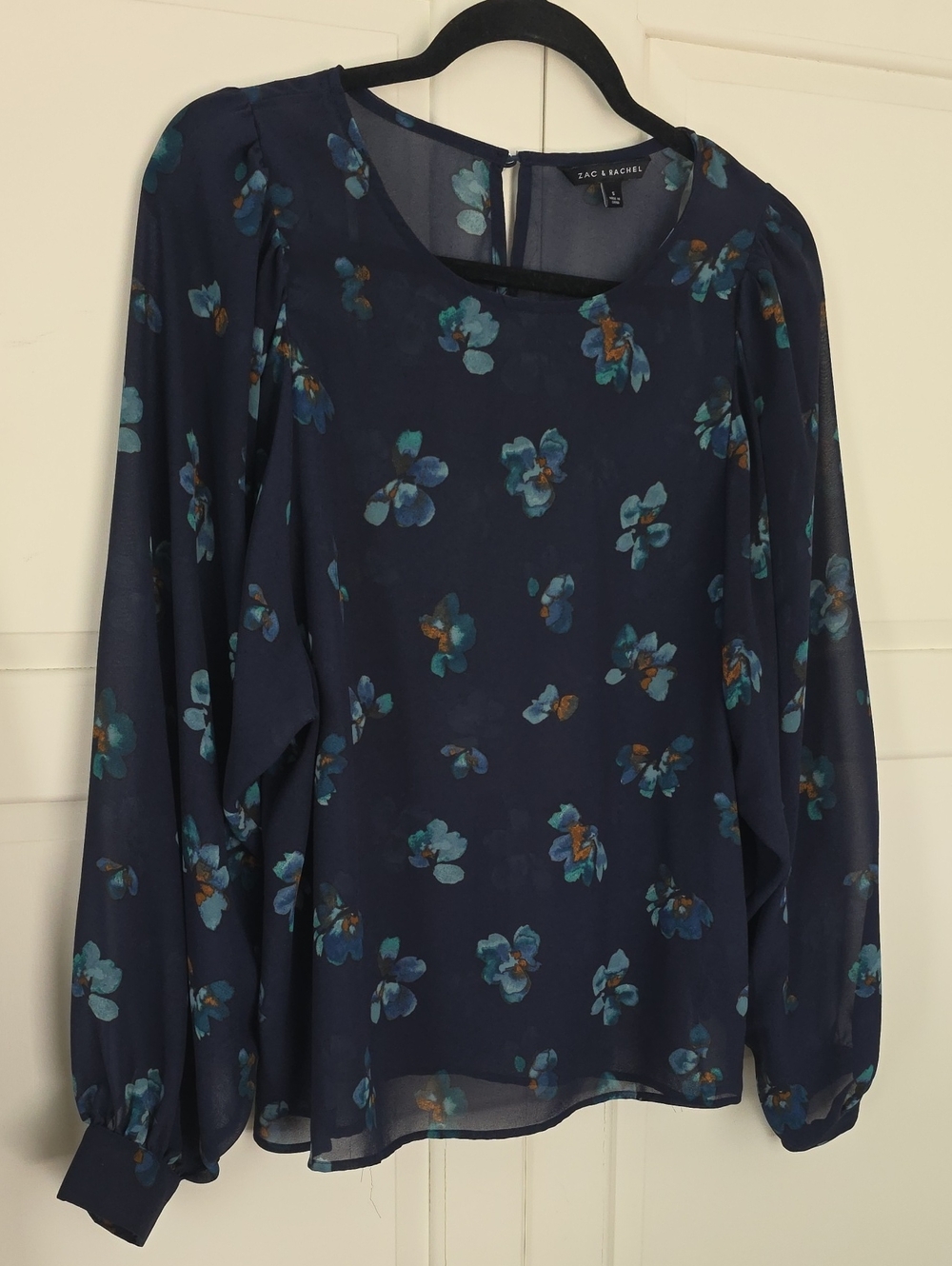 Zac & Rachel Navy Blue Floral Long-Sleeve Sheer Blouse